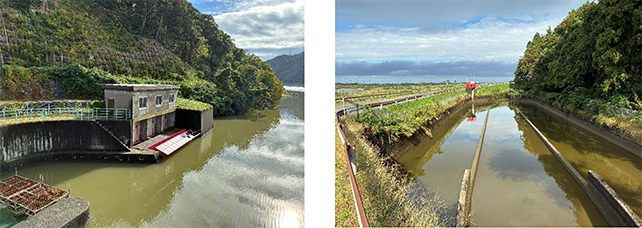 右岸取水口とその下流。下流は何キロにもわたる用水路で水を送水しています