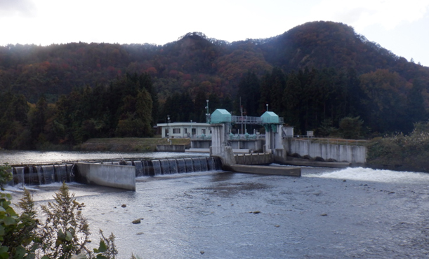 加治川第1頭首工の全景(右岸側下流から上流を望む)
